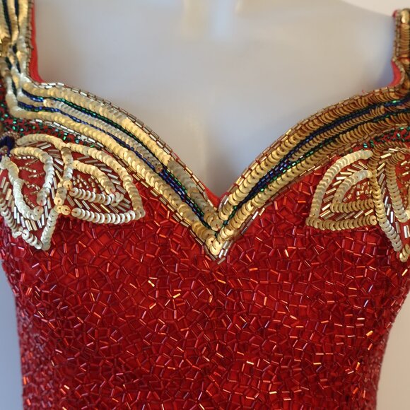 Womens Fabrice Silhouette Red Gold Beads Sequin Silk Satin Formal Gown Dress 10* - Picture 4 of 16